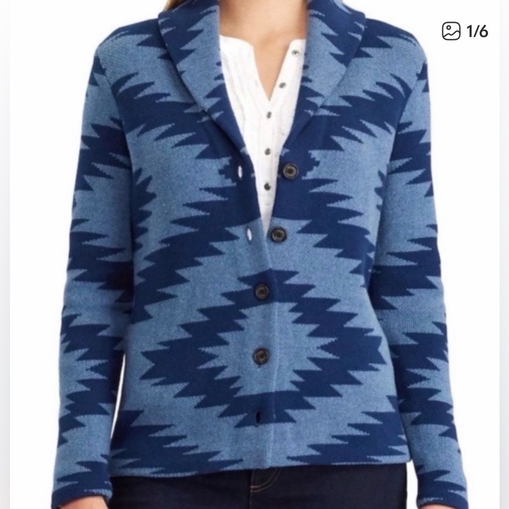 Chaps Southwestern Aztec Pattern Knit Cardigan Blue Shawl Collar Sweater